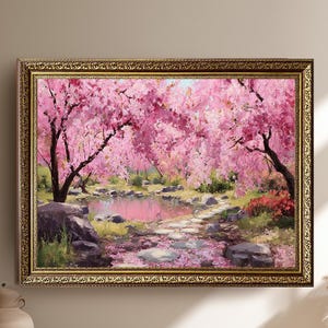 Cherry Blossom Garden Canvas Wall Art, Pink Sakura Trees Landscape Print, Tranquil Pond Pathway Artwork, Spring Nature Home Decor