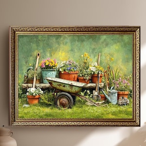 Colorful Garden Flowers Canvas Wall Art with Rustic Wheelbarrow and Pots, Country Farmhouse Cottagecore Painting Print Decor