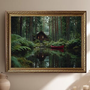 Cozy Forest Cabin with Red Canoe Wall Art – Serene Woodland Lake Scene Nature Photography Rustic Home and Cabin Decor Print