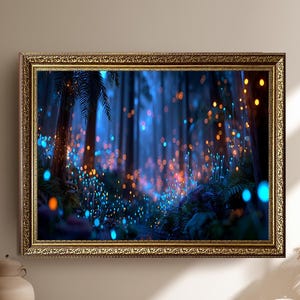 Fantasy Glowing Forest Leinwand Druck Biolumineszierende Natur Wand Kunst mystisch verzaubert blau und orange Licht Dekor für magische Wohnräume