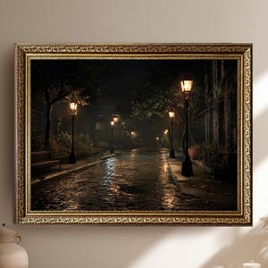Rainy Night Street Lamp Canvas Wall Art, Vintage Cobblestone Road with Warm Lights Print, Romantic Cityscape Home Decor