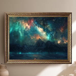 Cosmic Night Mountain Canvas Wall Art – Starry Galaxy Sky with Colorful Nebula and Dark Peaks – Surreal Sci Fi Landscape Decor Print