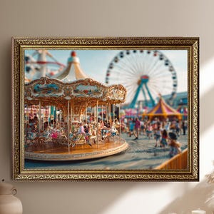 Vintage Carousel Canvas Wall Art, Colorful Amusement Park Ride Print with Ferris Wheel, Nostalgic Fairground Decor for Kids or Home