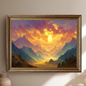 Golden Sunset Mountain Landscape Canvas Wall Art, Vibrant Fantasy Nature Scene Digital Painting Print for Home Decor