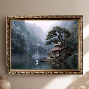 Zen Asian Landscape Canvas Wall Art with Lake House, Waterfall and Crane, Japanese Nature Painting Print for Tranquil Home Decor