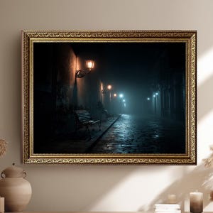 Dark Foggy Street Canvas Wall Art with Vintage Lamps and Benches, Moody Night Cityscape Print for Mysterious Home Decor