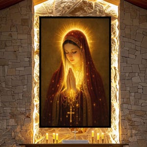 Canvasprint Maagd Maria gouden halo, christelijk-religieuze muurkunst, gezegende moeder biddend kunstwerk, heilig katholiek decor