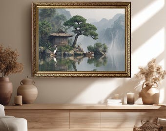 幻想的な崖の村のキャンバスウォールアートプリント｜洞窟の家と