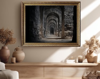 Ancient Stone Archway Wall Art Print with Dark Tunnel Perspective, Gothic Architecture Photo for Historical or Fantasy Home Decor