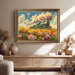 Décoration murale en toile fantaisie train floral - Locomotive vintage avec fleur de fumée traversant un champ coloré dans un paysage de rêve