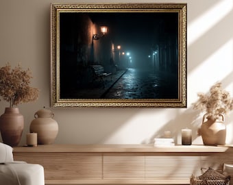 Dark Foggy Street Canvas Wall Art with Vintage Lamps and Benches, Moody Night Cityscape Print for Mysterious Home Decor