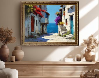Impressão em tela de pintura a óleo de uma viela litorânea mediterrânea com flores coloridas e vista para o oceano, arte de parede costeira para decoração de casa de verão.