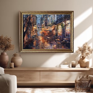 Romantic Evening Cafe Canvas Wall Art with String Lights and Wet Cobblestone Street, Watercolor European City Scene Print for Cozy