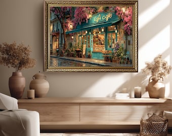 Quadro decorativo em tela com fachada de café europeu romântico - Impressão vintage de cena de rua floral para cozinha ou cantinho do café.