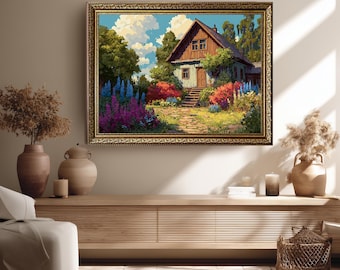 Charming Countryside Cottage Wall Art – Colorful Flower Garden and Rustic House Painting for Cozy Home Decoration