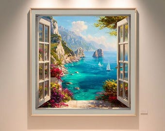 Mediterranean Sea View Canvas Wall Art Open Window Scene with Sailing Boats Cliffside Coastline and Colorful Flowers Print