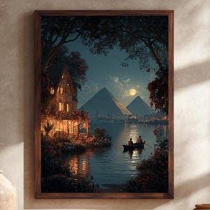 Egyptian Pyramids Moonlight Canvas Wall Art, Romantic Nile River Night Landscape Print, Cozy Cottage and Boat Scene Home Decor