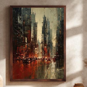 Abstract Cityscape Canvas Wall Art – Modern Urban Skyline Painting with Textured Brush Strokes and Vibrant Night Lights