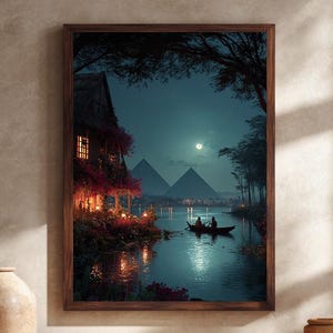 Romantic Nile River Moonlight Canvas Wall Art, Egyptian Pyramids Night Landscape Print, Cozy Cottage and Boat Scene Home Decor