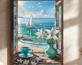 Coastal Window View Canvas Wall Art with Sailboats, Coffee, and White Lilies, Seaside Summer Morning Print for Beach Home Decor