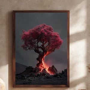 Lava Tree Fantasy Canvas Wall Art, Surreal Red Blossom and Volcanic Landscape Print, Dramatic Nature Scene Home Decor