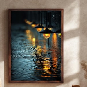 Rainy Night Reflection Canvas Wall Art – Warm Street Lights Over Water Ripples in Moody Blue and Gold Evening Scene