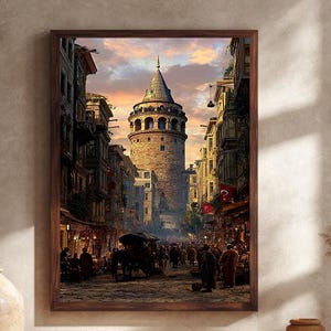 Galata Tower Istanbul Canvas Wall Art, Historic Street Market and Ottoman Architecture Print, Vintage Cityscape Home Decor