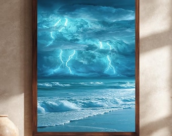 Oceaan onweer bliksem canvas muurkunst, dramatisch zeegezicht met onweerswolken en golven print, decor kust natuurscène