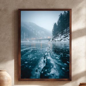 Frozen Lake Canvas Wall Art with Snowy Mountain Bridge, Winter Landscape Photography Print, Scandinavian Nature Home Decor