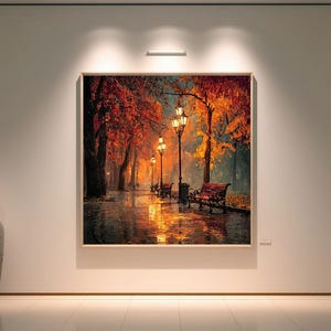 Autumn Park Canvas Wall Art Romantic City Scene with Street Lamps Benches and Fall Leaves Reflections in Rainy Evening Print