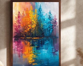 Colorful Abstract Forest Wall Art Vibrant Tree Painting Reflection Landscape Print Modern Nature Decor Canvas Art