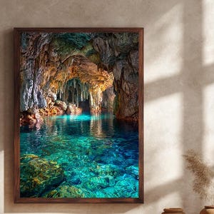 Colorful Ocean Cave Canvas Wall Art – Crystal Blue Water and Vibrant Rock Formations Nature Print for Tropical or Boho Home Decor