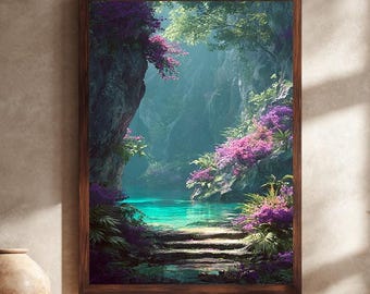 Stampa artistica da parete con laguna nella foresta magica, stampa di paesaggi fantasy, decorazione artistica su tela con sentiero incantato nella cascata
