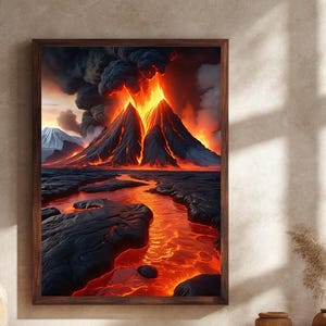 Volcano Lava Flow Canvas Wall Art, Dramatic Eruption Mountain Print, Fiery Landscape Photography, Nature Power Wall Decoration