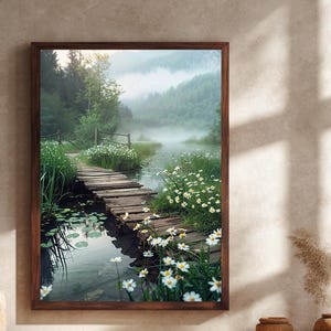 Rustic Wooden Bridge Canvas Wall Art Print with Misty Forest and Wildflowers | Tranquil Nature Landscape for Cottagecore Decor