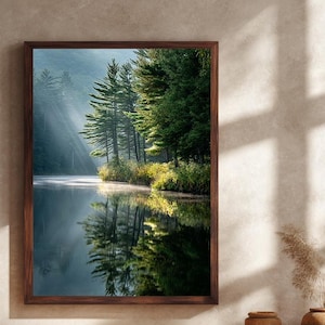 Morning Forest Lake Canvas Wall Art – Serene Pine Trees with Mist and Light Rays Reflection Nature Print for Tranquil Home Decor