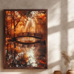 Sunlit Autumn Forest Canvas Wall Art with Wooden Bridge and Reflections, Tranquil Fall Nature Landscape Print for Rustic Home Decor