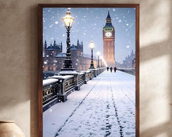 London Big Ben Snowy Winter Canvas Wall Art – Westminster Bridge Street Lamps and Falling Snow Cityscape Decor