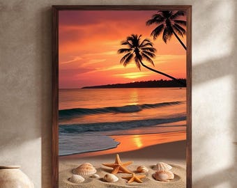 Tropical Beach Sunset Canvas Wall Art with Palm Trees, Seashells, Starfish, and Golden Ocean Waves for Coastal Home Décor