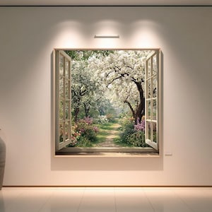 Lienzo decorativo de jardín primaveral: Vista de un sendero en un huerto florido a través de una ventana abierta. Paisaje floral con cerezos en flor.
