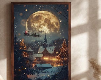 Magische kerst canvas muurkunst print met kerstman vliegt over Winter Village en volle maan | Gezellig kerstdecor voor thuis