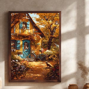 Autumn Cottage Canvas Wall Art | Rustic House Painting Print | Cozy Fall Decor with Cat and Dog