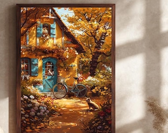 May include: A framed art print depicts a quaint yellow house with blue shutters and door, a bicycle, and a cat. The scene is surrounded by lush foliage and trees, creating a warm, inviting atmosphere. The artwork is displayed above a wooden cabinet.