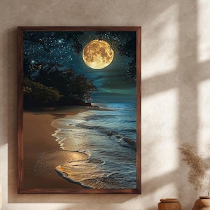 Moonlit Beach Canvas Wall Art with Full Moon and Ocean Waves, Romantic Night Seascape Print for Bedroom and Living Room Decor