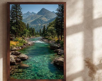 Mountain River Landscape Canvas Wall Art, Nature Scenic Wall Decor for Living Room, Forest Stream Artwork, Rustic Cabin Wall Print
