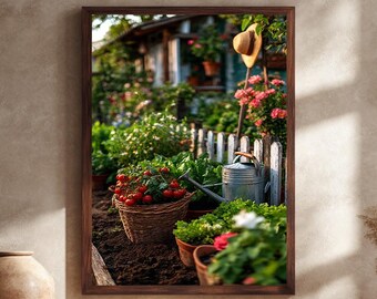 Rustic Garden with Tomatoes Canvas Wall Art – Cozy Countryside Farmhouse Scene – Vintage Floral and Vegetable Print for Home Decor
