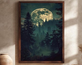 Cuadro decorativo de pared "Bosque místico a la luz de la luna" con figura solitaria y paisaje natural oscuro, impresión nocturna de luna llena para la decoración del hogar.