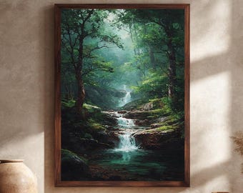 Forest Waterfall Canvas Wall Art – Serene Nature Landscape with Cascading Stream, Lush Green Trees, and Peaceful Woodland Scene