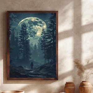 Moonlit Forest Canvas Wall Art with Lone Wanderer Silhouette and Night Sky, Mystical Full Moon Nature Landscape Print for Home Decor