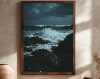 Dramatic Stormy Ocean Wave Canvas Wall Art – Dark Moody Seascape Photography – Powerful Coastal Print for Nautical Home Decor
